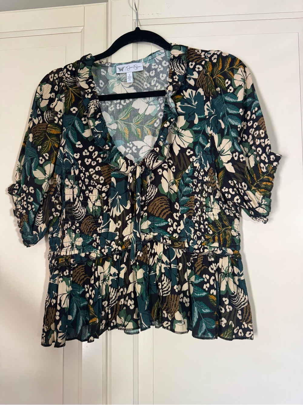 Jessica Simpson Green Floral Ruffle Tie-Front Blouse